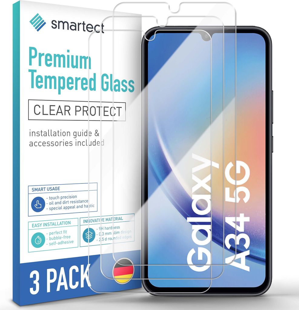 A product package for screen protectors for a Samsung Galaxy A34 5G phone.
