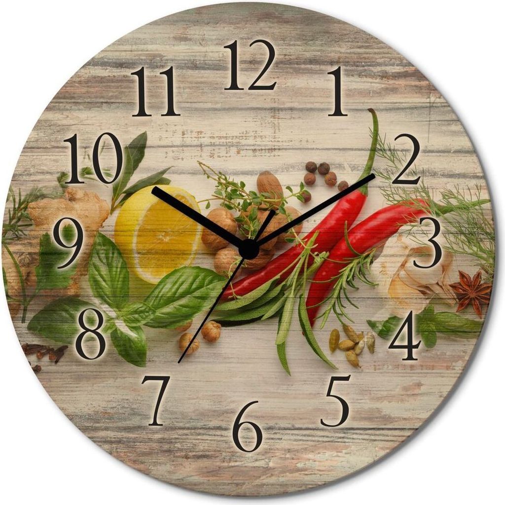 ARTland Holz Wanduhr Quarzuhr - schwarzer Zeiger Kräuter und Gewürze Größe: 30x30 cm