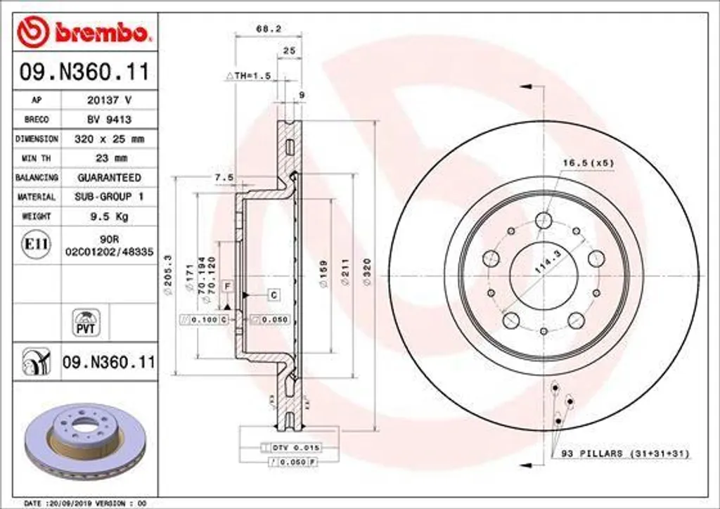 Disque de Frein Brembo 09.N360.11 Anti-Vibration pour Tesla Model 3 1044611