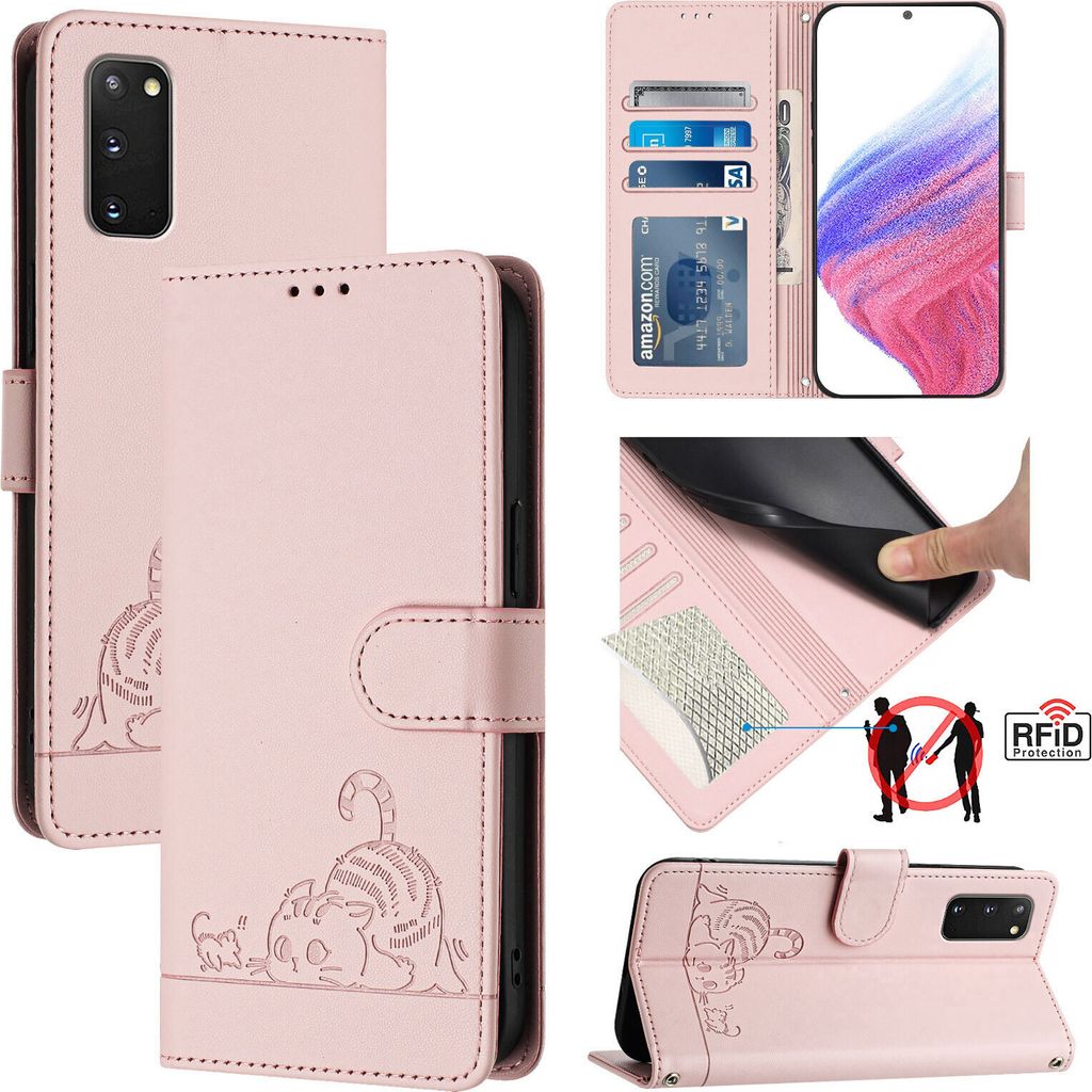 Leder Hülle für Samsung Galaxy S20 FE 5G / S20 FE 2022 Süße Katze Flip Case Brieftasche Schutzhülle mit Standfunktion Pink