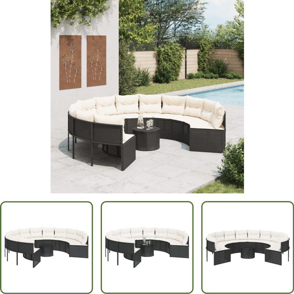The Living Store Gartensofa mit Tisch und Kissen Rund Schwarz Poly-Rattan