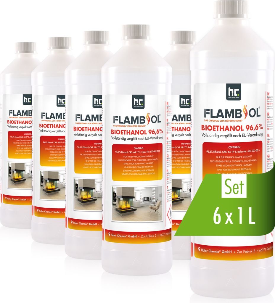 6x 1 L FLAMBIOL® Bioethanol 96,6% Premium für Produktbild 