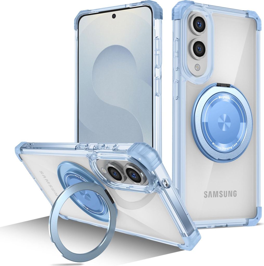 Handyhülle für Samsung Galaxy S25 Edge Magnetisches Ringhalter Ständer Kompatibel mit Magsafe Militärschutz Transparente Hülle Blau