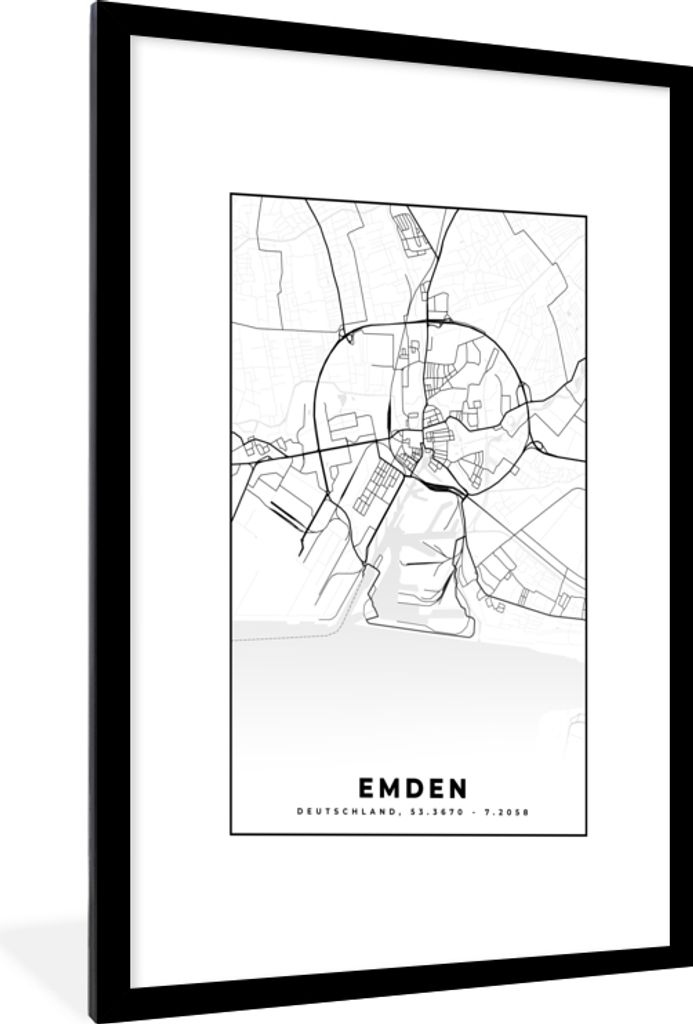 MuchoWow Gerahmtes Poster Karte - Emden - Stadtplan 60x90 cm - Poster mit Schwarzem Bilderrahmen Wandposter Rahmen Foto Bilder - Dekoration - Wan...