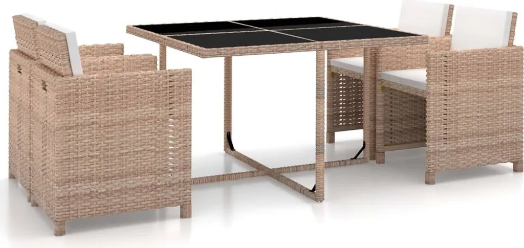 Ensemble Repas 5 Pièces Poly Rotin Beige - Idéal Terrasse et Petit Jardin