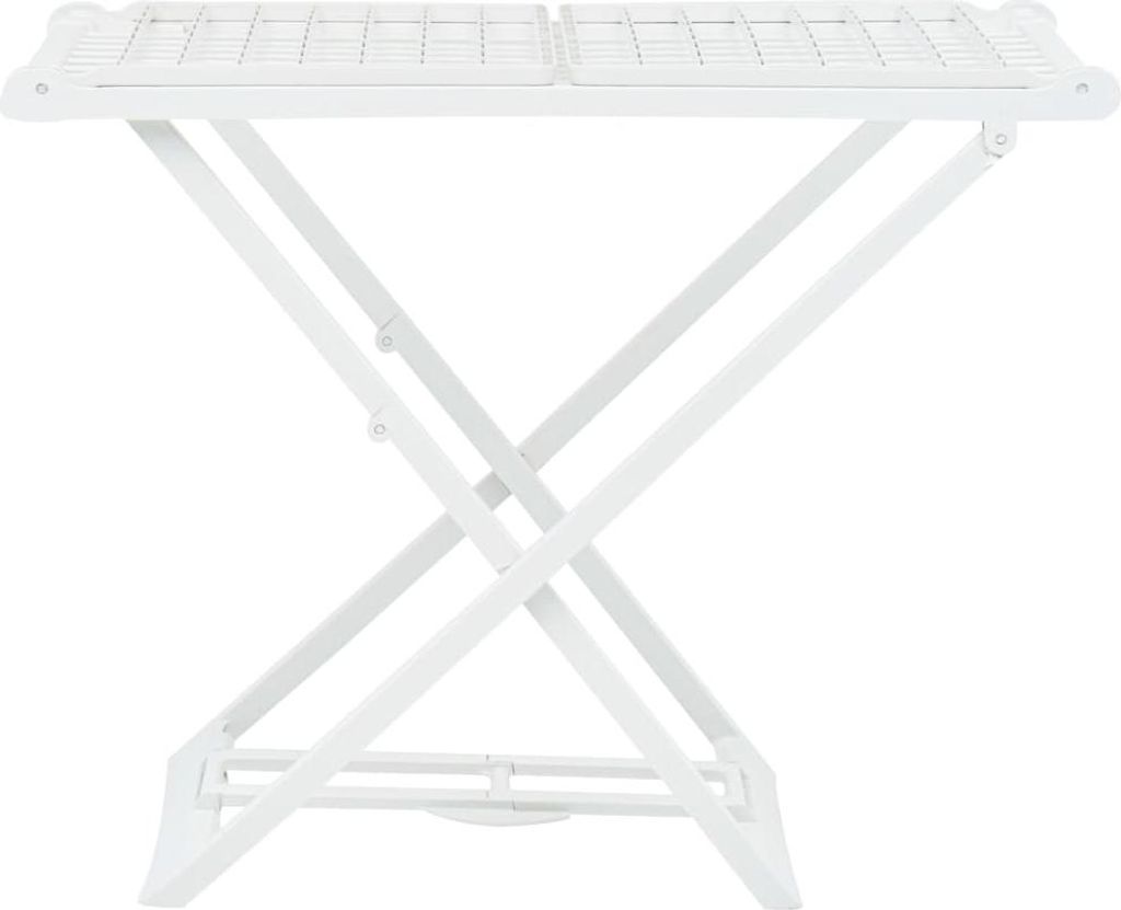 A white foldable clothes drying rack is shown against a white background.