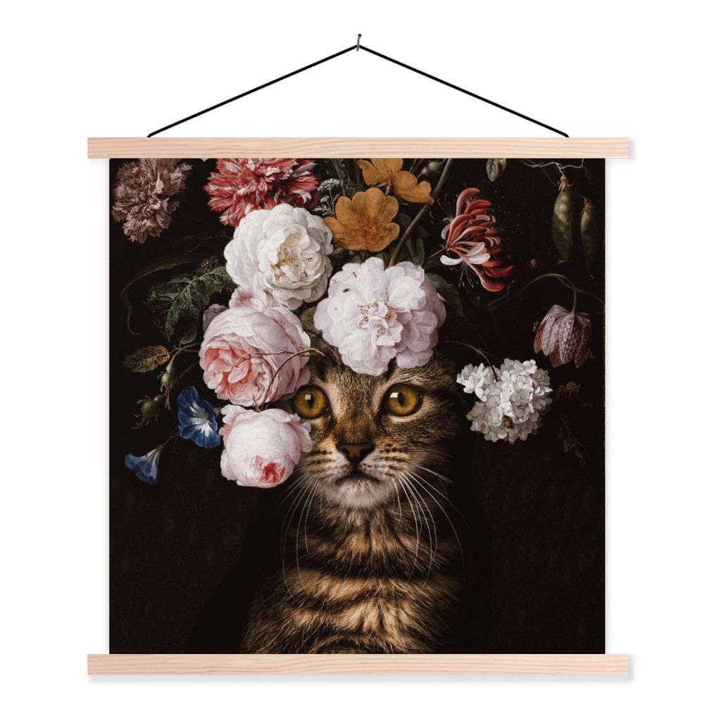 MuchoWow Textilposter Katze - Blumen - Haustier 60x60 cm mit holzfarbenen Rahmen - Wanddekoration