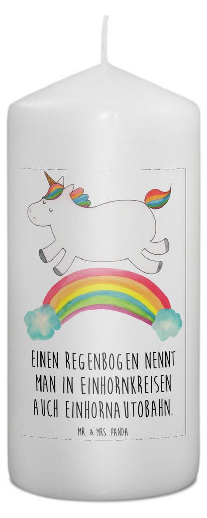 Mr. & Mrs. Panda Kerze Einhorn Regenbogen 15 x 7 cm - Weiß - Geschenk, Blockkerze, Unicorn, Einhornpower, Glitzer, Bedruckte, Wachskerze, Erwachse...