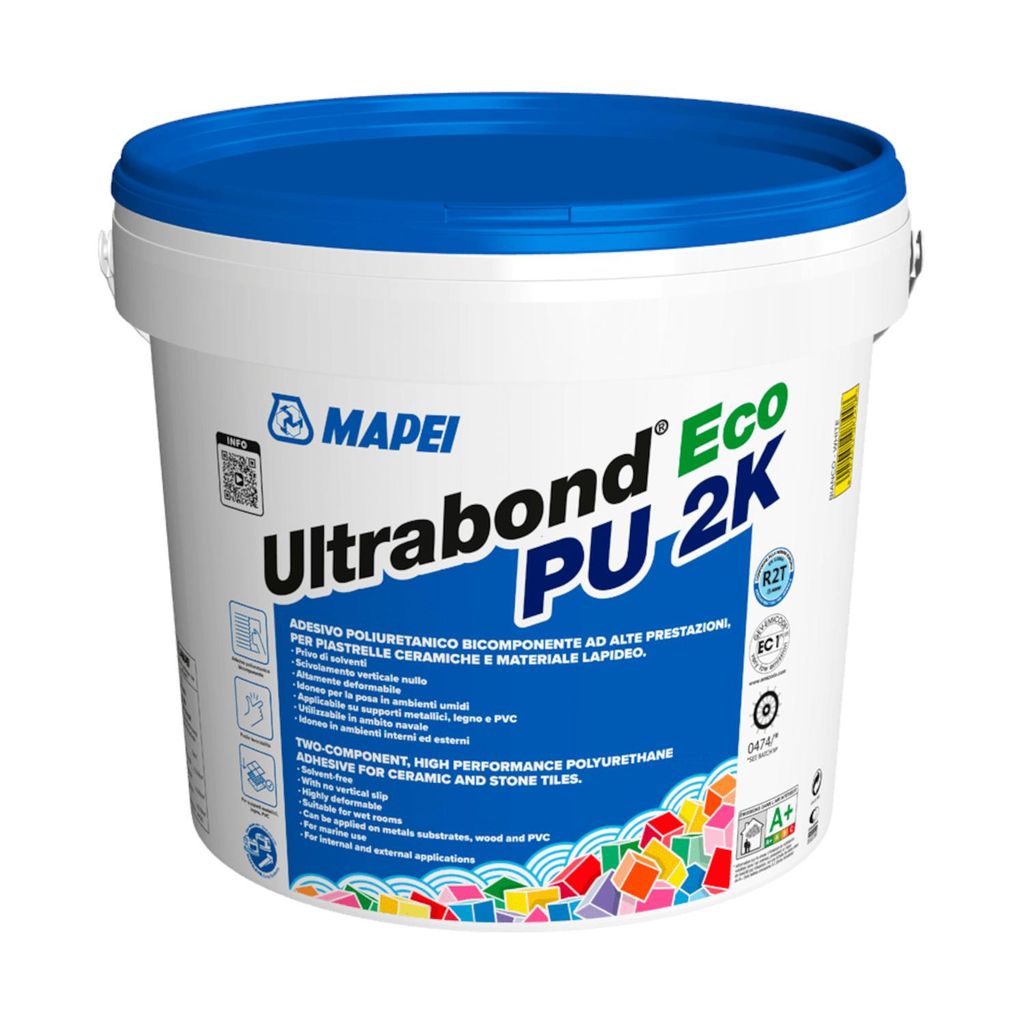 A white bucket of adhesive with a blue lid and colorful graphics on the label.