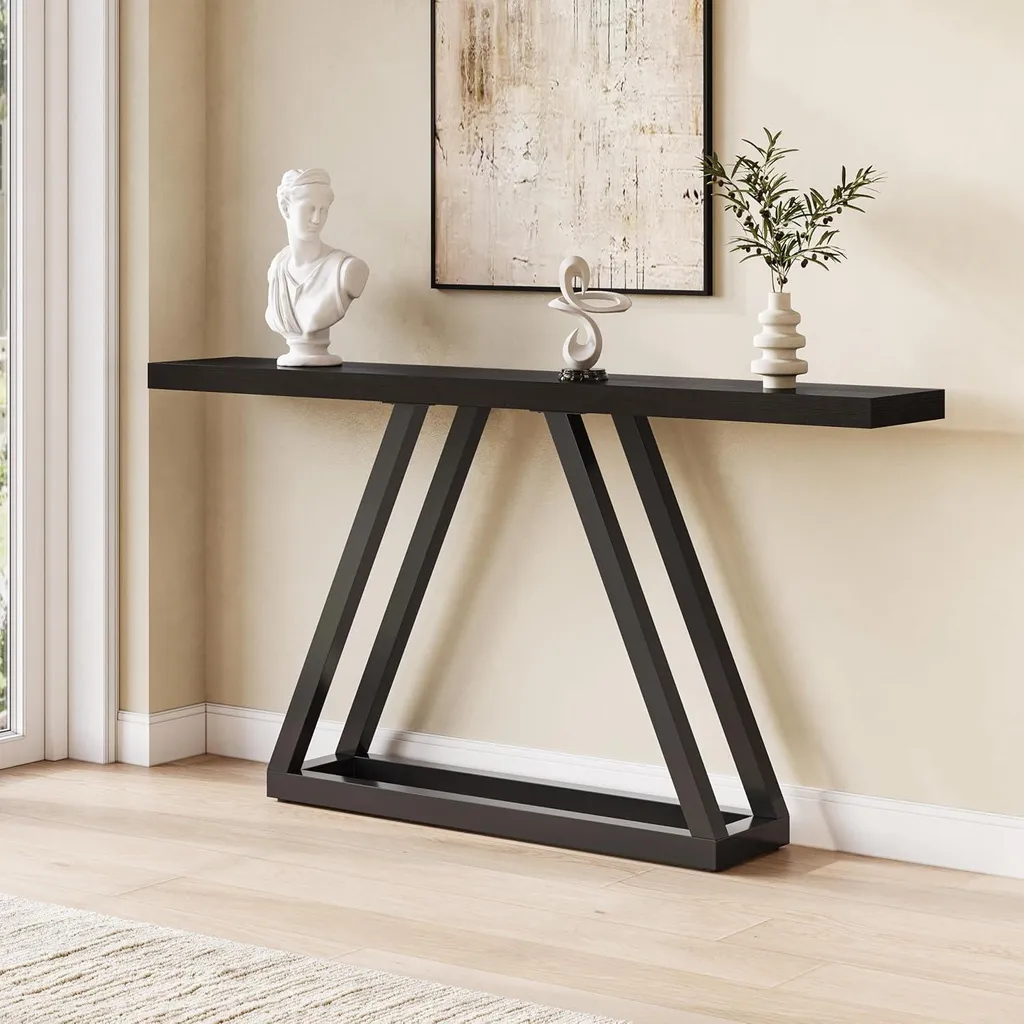 Table d'Appoint Industrielle Noire 160cm, Console Fine et Robuste XXL