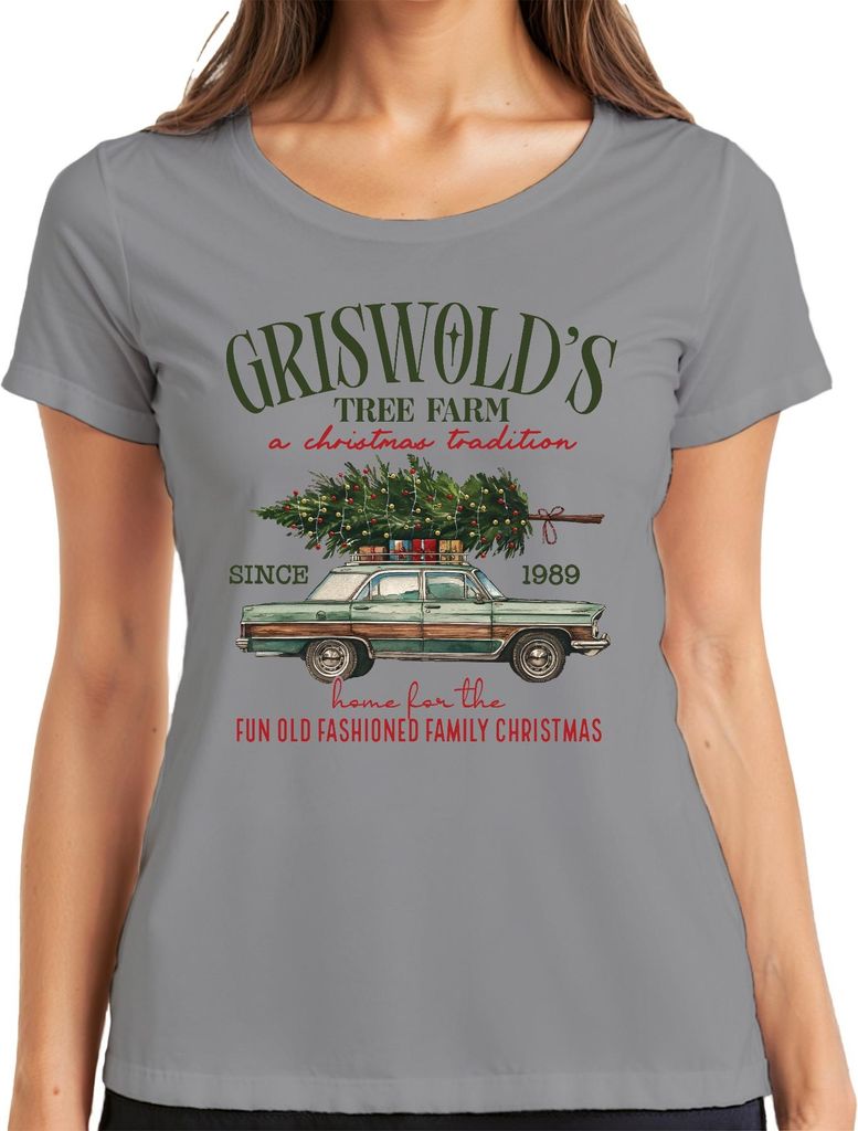 Griswold's Tree Farm Weihnachten Schöne Bescherung Clark Griswold Damen T-Shirt, Grau, XL