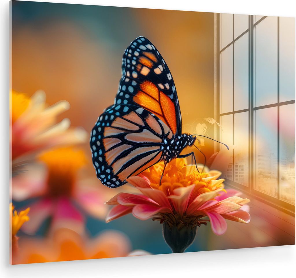 MuchoWow Glasbilder - Bilder auf Wandbild - Foto auf Glas Schmetterling - Tiere - Farbenfroh - Natur - Blumen 80x60 cm Wanddekoration aus Glas - Ac...