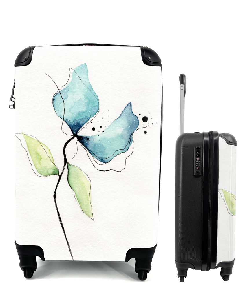 MuchoWow Koffer Handgepäck Trolley Rollkoffer Kleine Reisekoffer mit 4 Rollen - Blumen - Aquarell - Blau - Cabin Size < 55x40x23 cm & 55x40x20 c...