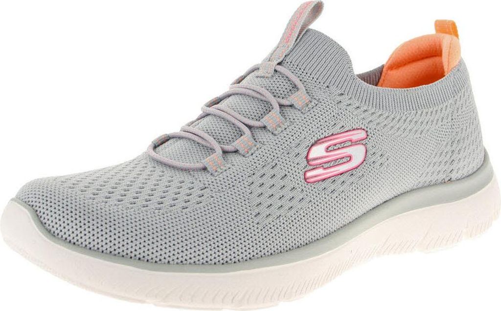 A single gray Skechers shoe with pink and orange accents is shown against a white background.