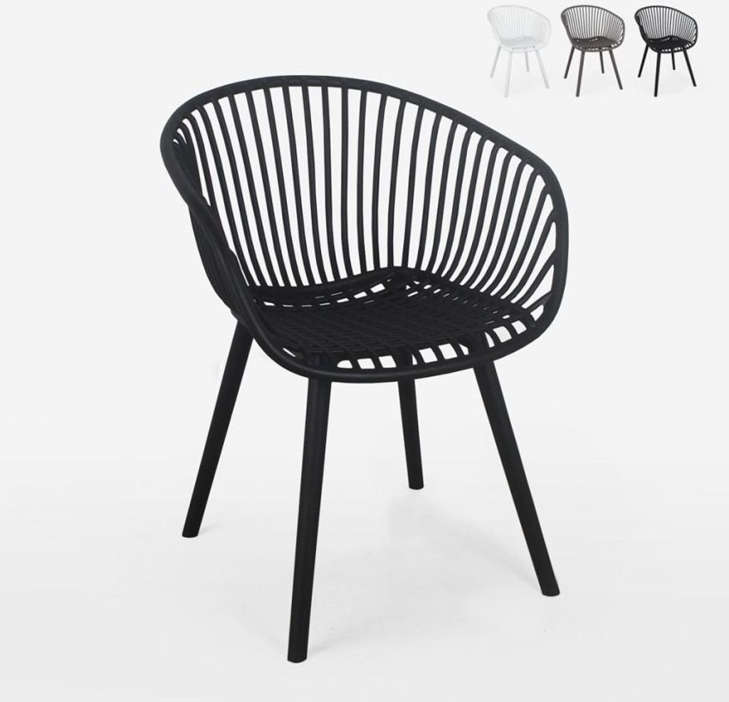 A black modern chair with armrests is shown against a white background. In the background, there are three other chairs in white, gray, and black.