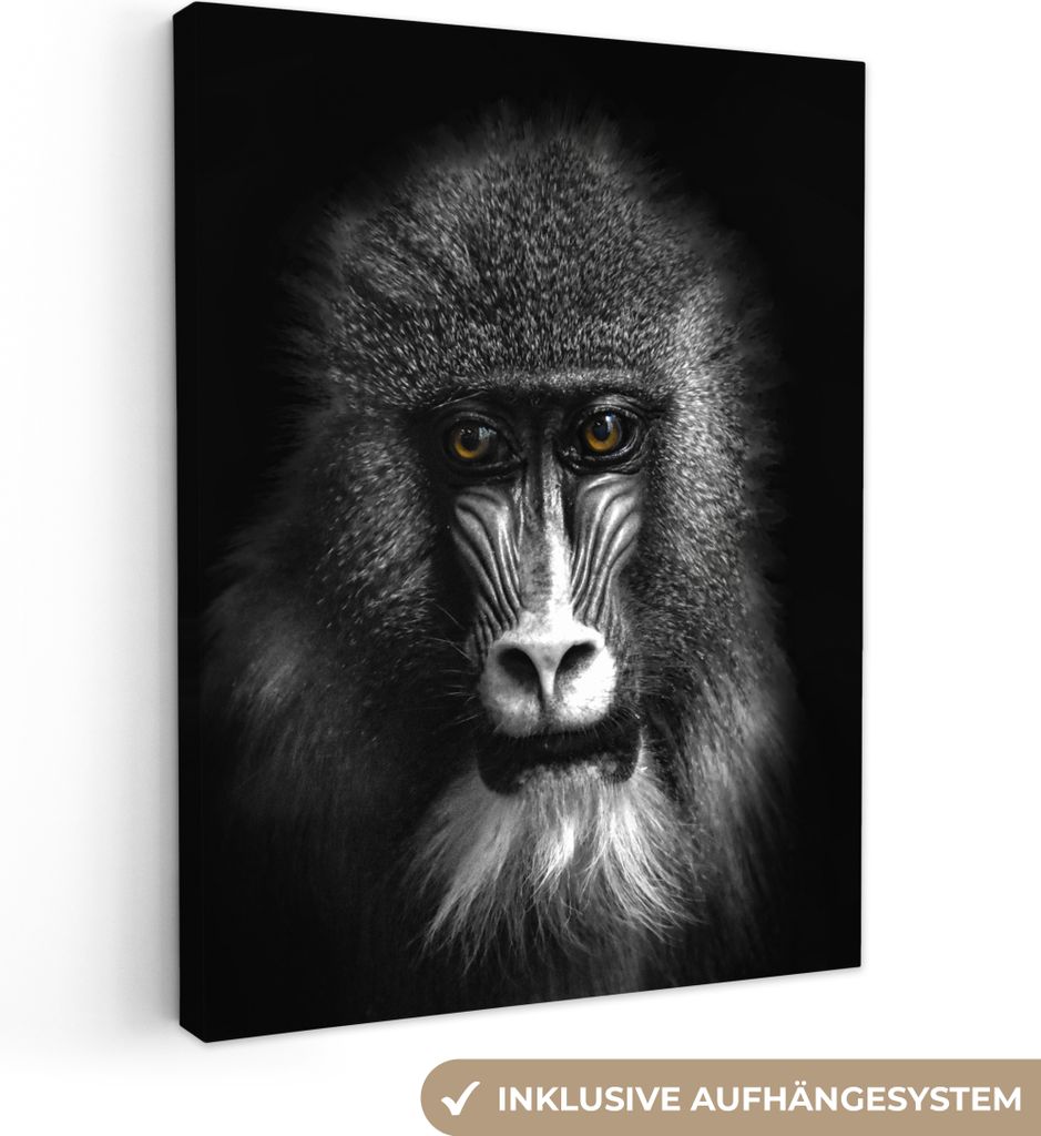 MuchoWow - Leinwandbilder - Affe - Tiere - Augen - Braun - Schwarz und weiß, Wandbild, Wanddeko Bilder Wohnzimmer, 90x120 cm