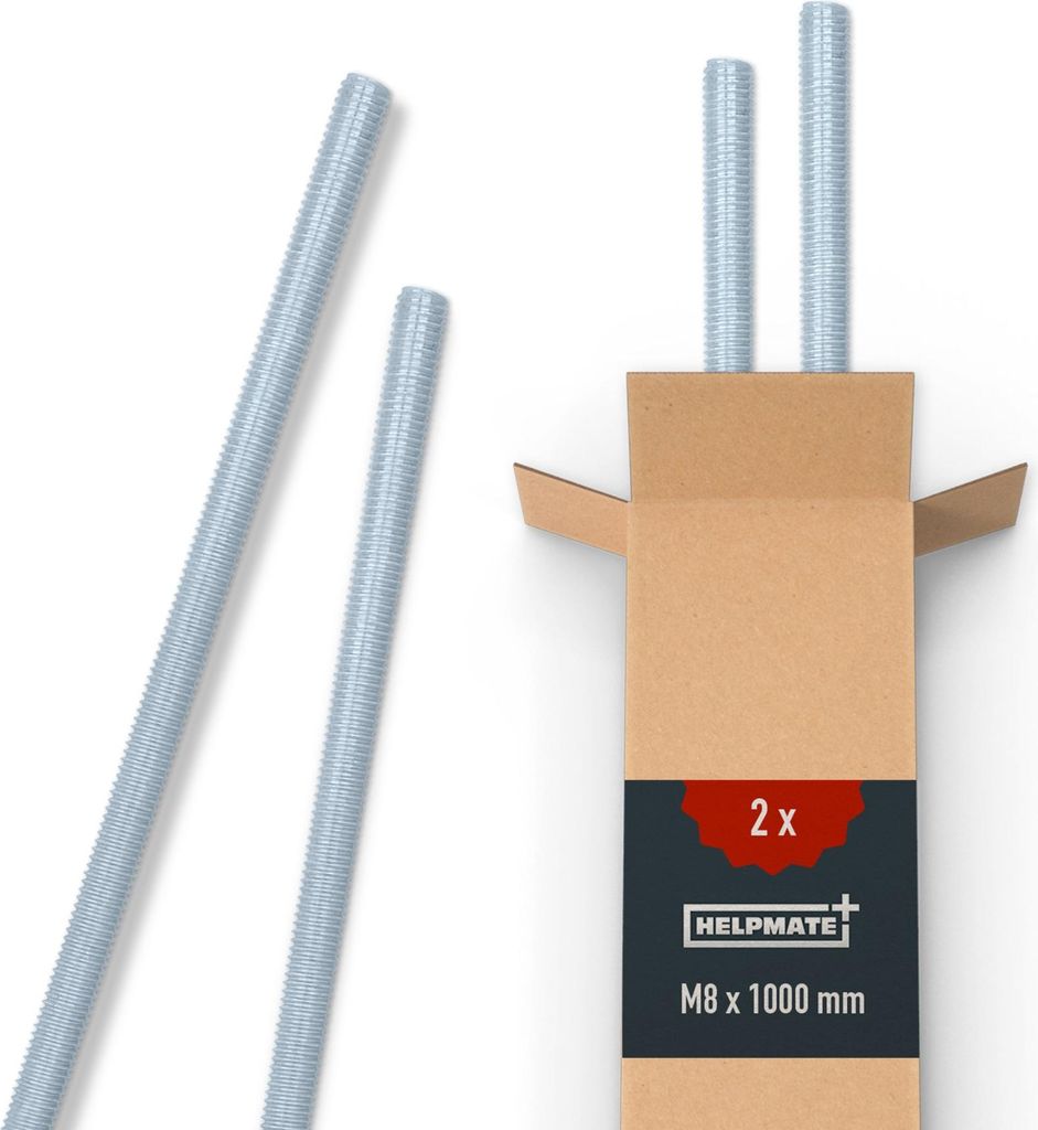 HELPMATE – Gewindestange M8 x 1000 mm aus verzinktem Stahl – 2 Stück Gewindestab mit metrischem Vollgewinde – Gewindestift mit Festigkeitskl...