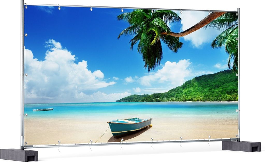 Wallario XXL Outdoor-Poster für Garten oder Balkon, Motiv Urlaub am Palmenstrand unter Palmen mit Fischerboot, in ca. 340 x 173 cm