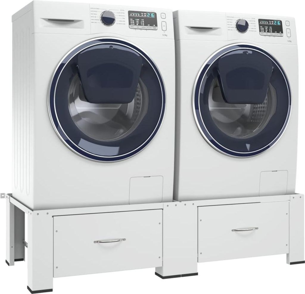 Two white washing machines stacked on white drawers, shown from the front.