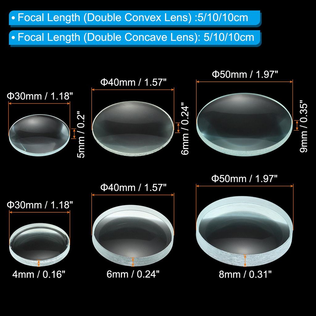 5cm,10cm Schwerpunkt L?nge Doppel Konvex und 7.5cm,10cm Schwerpunkt L?nge Doppel Konkavlinse 1 Set 6 Pack Glas Optically Polished Round Edges Lens ...