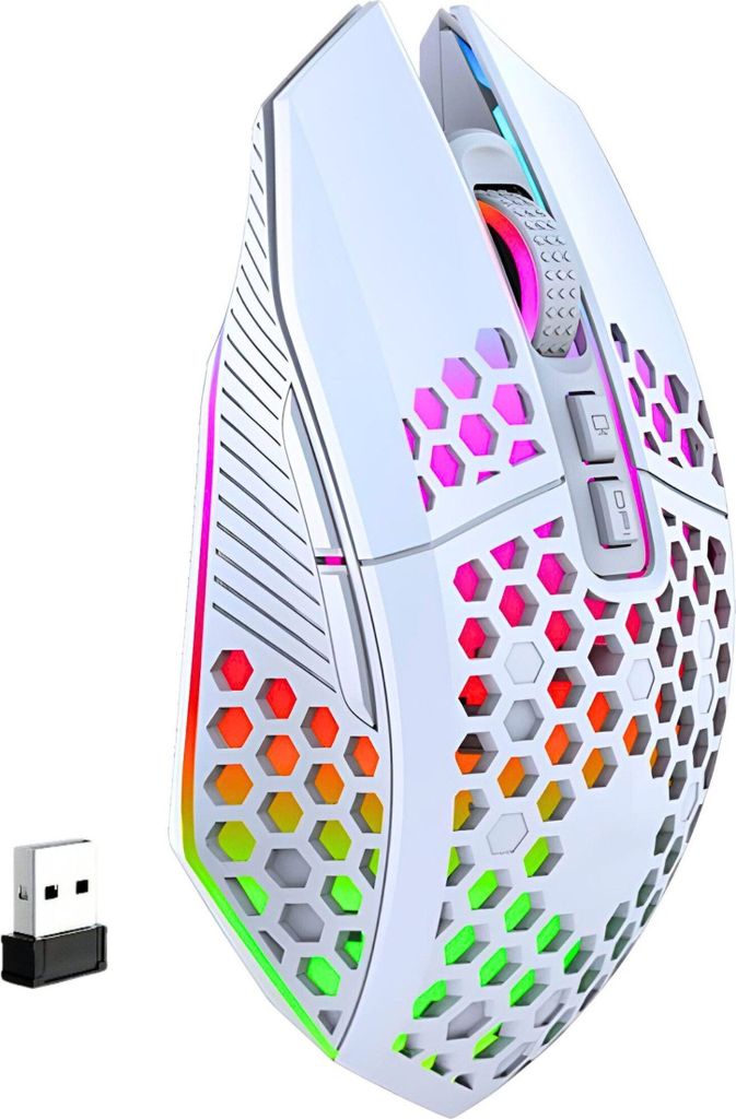 S&T Design Gaming Maus Kabellos Wireless RGB 7 Tasten DPI PC Laptop Funk Maus Weiß