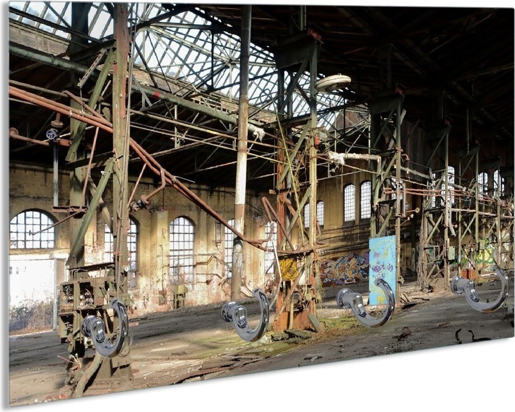 Wallario Schlüsselbrett aus Glas, Motiv: Verlassene Industriehalle - Alte Fabrik, 30 x 20 cm mit 4 Haken