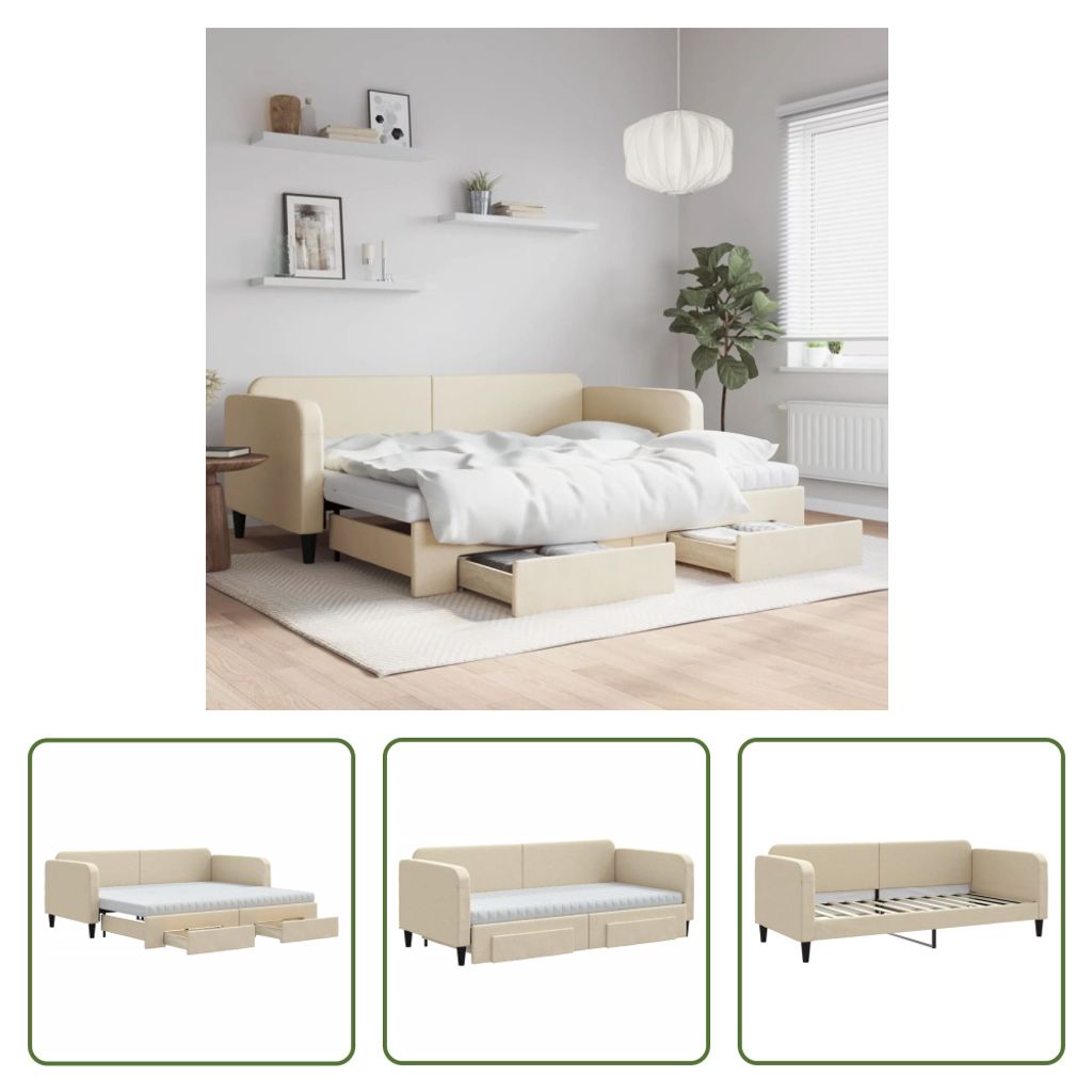 The Living Store Tagesbett Ausziehbar mit Schubladen Creme 90x200 cm Stoff