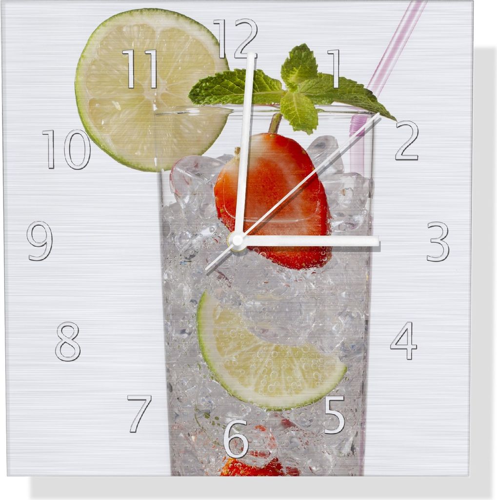 Wallario Design Wanduhr Glas Wasser mit Erdbeeren aus Aluverbund, Größe 30 x 30 cm