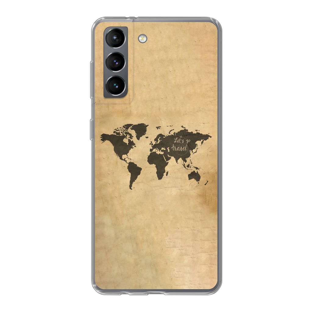 MuchoWow Handyhülle Schutzhülle Hülle für Samsung Galaxy S21 Weltkarte - Schwarz - Sprichwörter Silikon Softcase Handy Hülle - Softcase