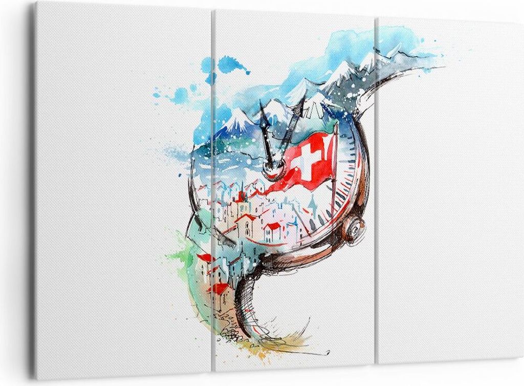 Bild auf Leinwand - Leinwandbild - Uhr Schweizer Alpen Wolke - 165x110cm - Wand Bild - Wanddeko - Leinwanddruck - Bilder - Kunstdruck - Wanddekorat...