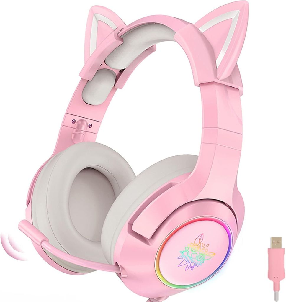 Niedliches Katzenohr, 7.1-Surround-Sound-Gaming-Headset Mit Einstellbarer Geräuschunterdrückung,Led-licht,Einziehbarem Mikrofon Abnehmbarem Katze...