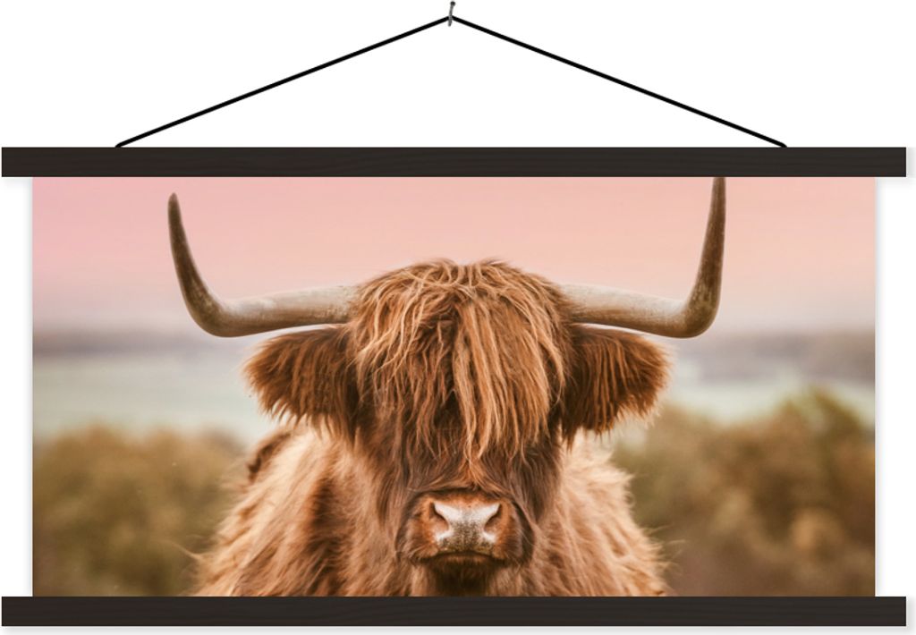 MuchoWow Textilposter Schottisches Hochlandrind - Hörner - Meer 90x45 cm mit schwarzem Rahmen - Klemmleisten