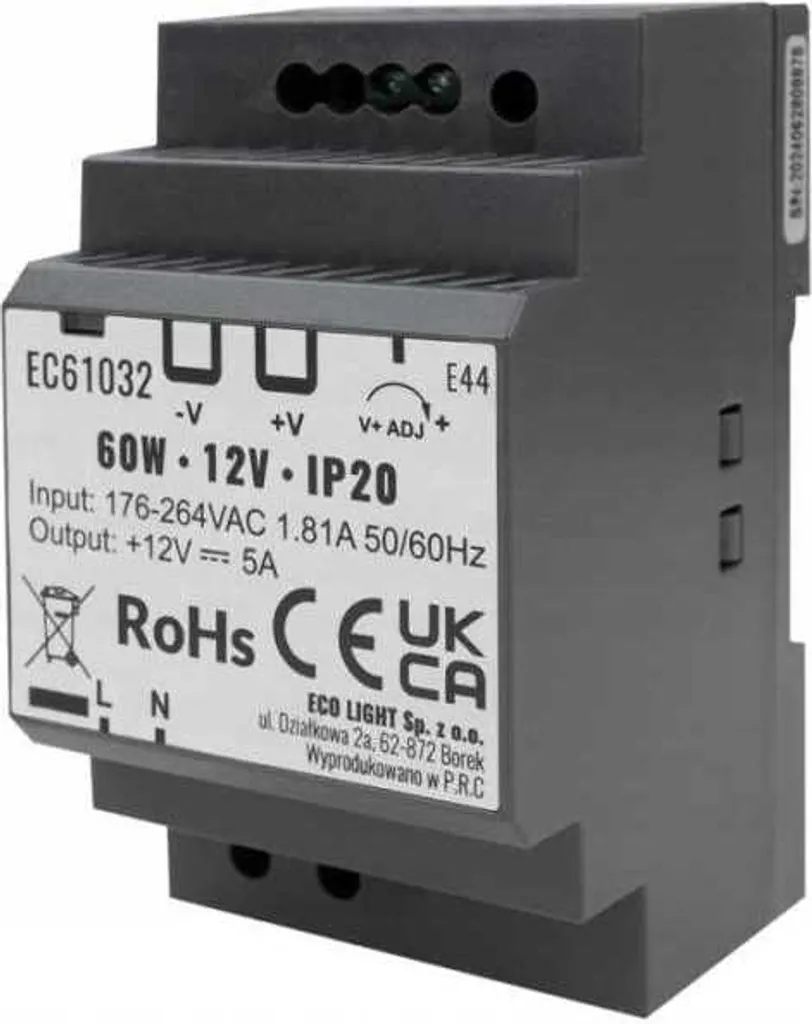 Alimentatore 12V 60W DIN Rail IP20 Eco Light EC61032 - Alta Efficienza