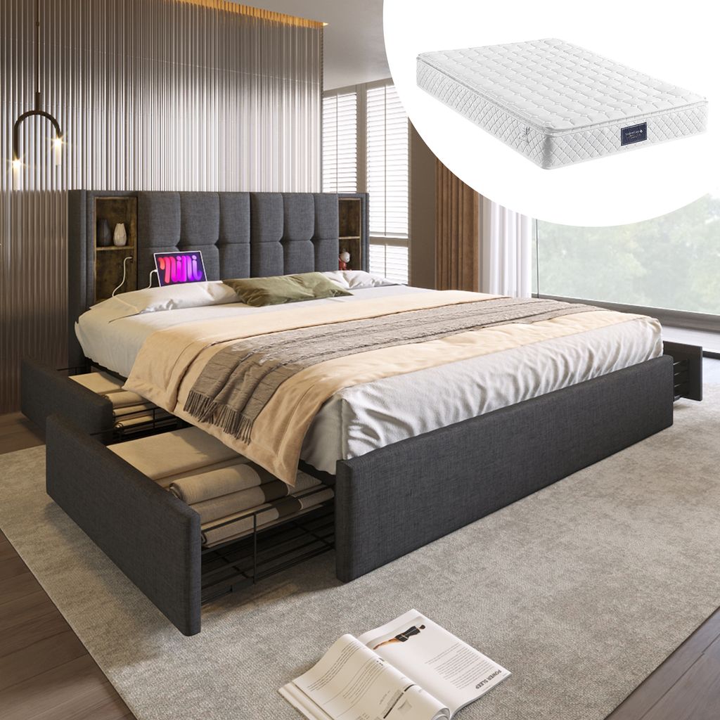 STILVORA Polsterbett 160x200cm Doppelbett mit 4 Schubladen und Lattenrost,Stauraumbett Kabellosem Laden&USB und Typ-C,Grau (mit Matratze)