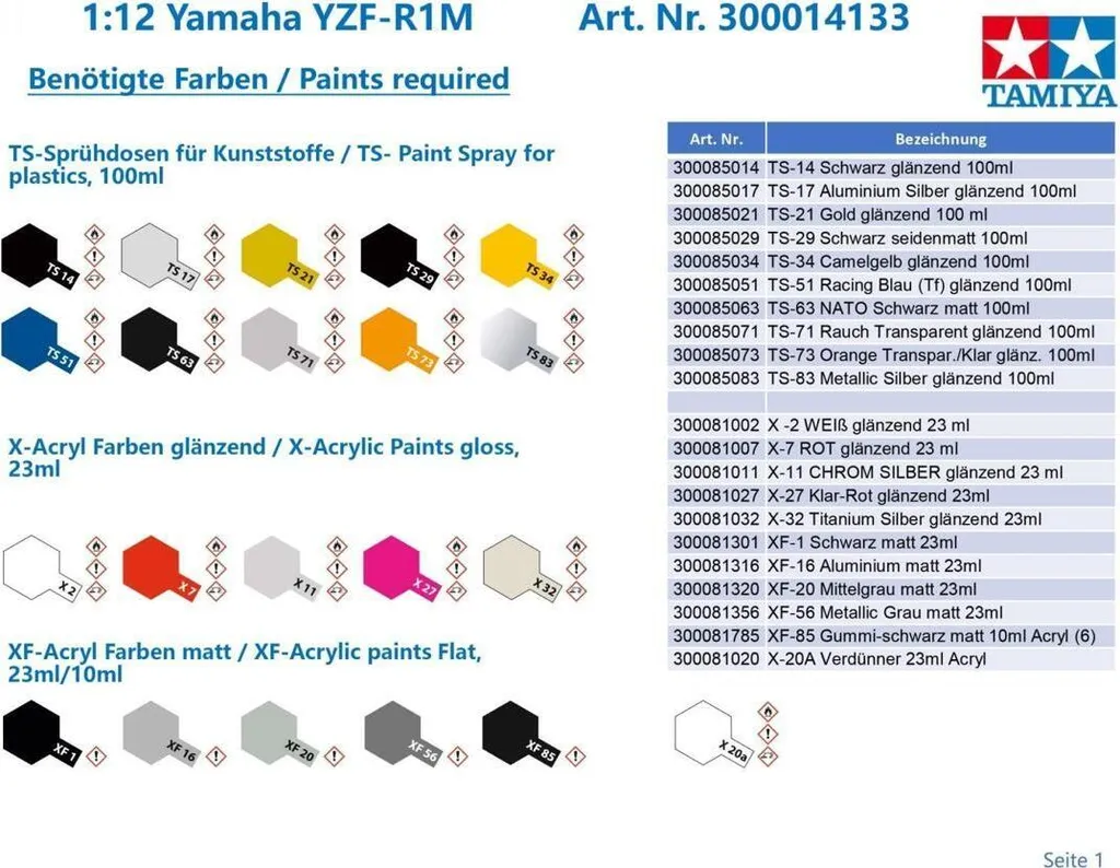 Yamaha YZF-R1M détaillée 1:12 avec socle d'exposition - Modèle kit
