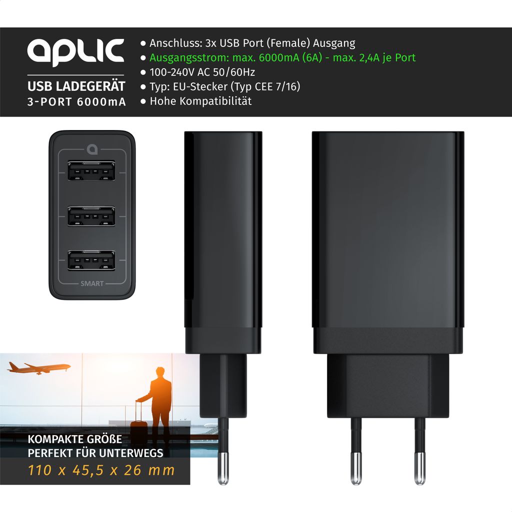 Aplic USB-Ladegerät 6000 mA, 3-Port Netzteil