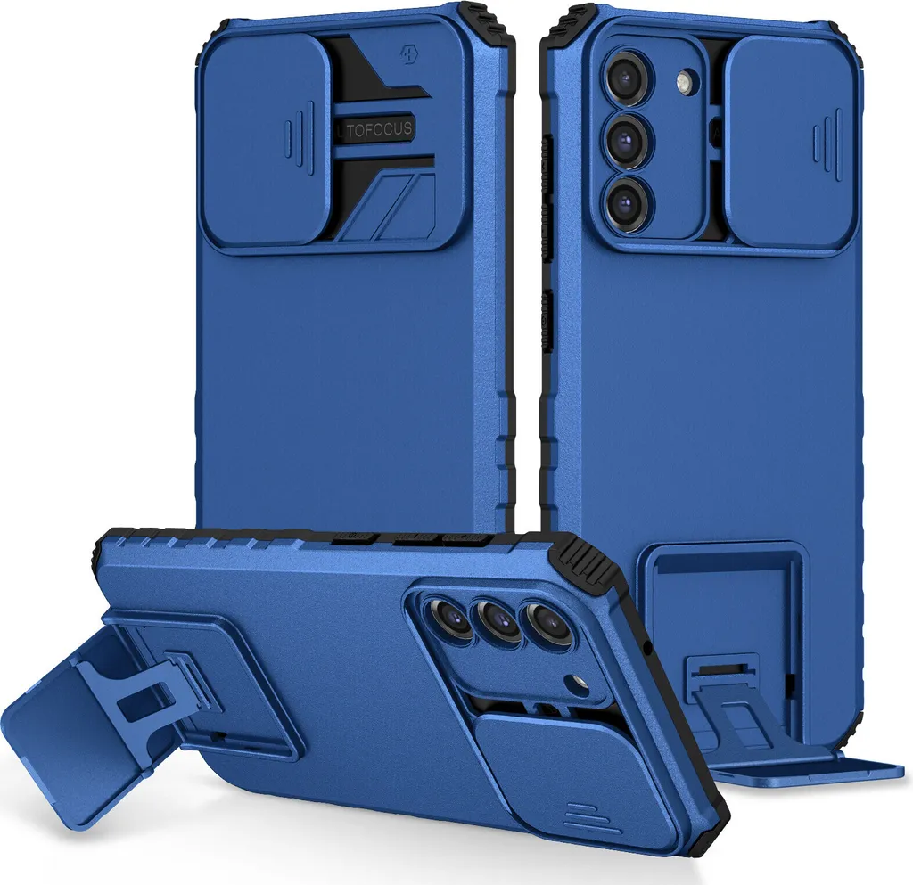 Cover Militare Samsung S23 Plus: Protezione Fotocamera e Stand Blu