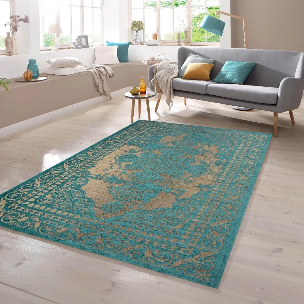 Tapis de passage moderne turquoise et beige style chic - 80 x 250 cm