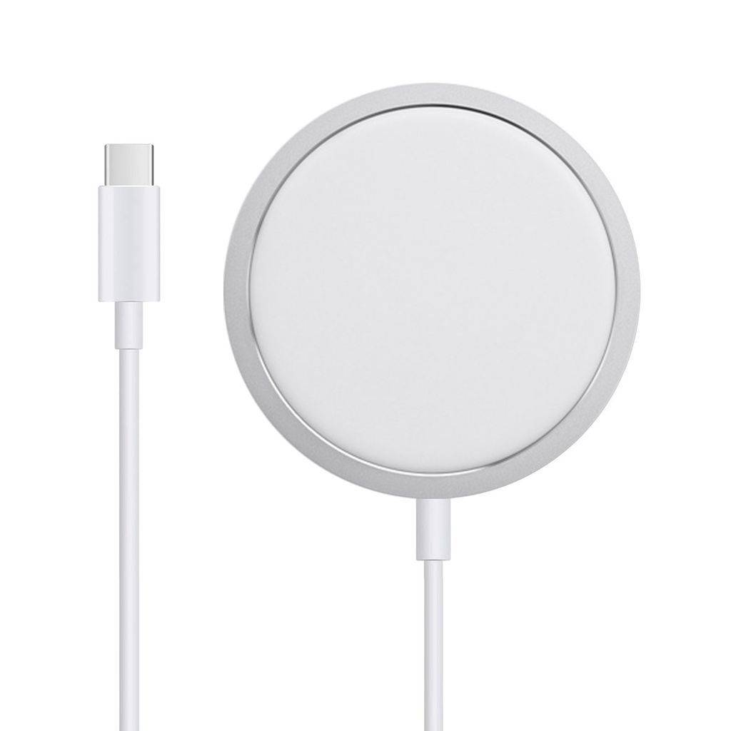 A white wireless charger with a silver rim and a white USB-C cable is shown against a white background.