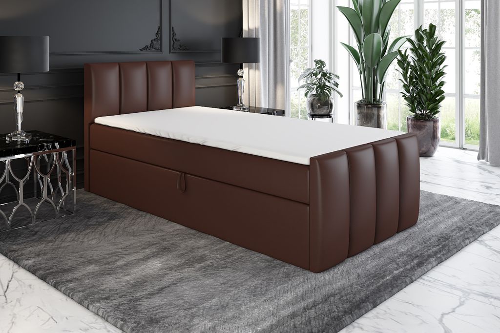Boxspringbett, Jugendbett FUNI 100x200 (Rechts) mit Bettkästen, Bonell-Matratze und Topper. Farbe: Dunkelbraun.