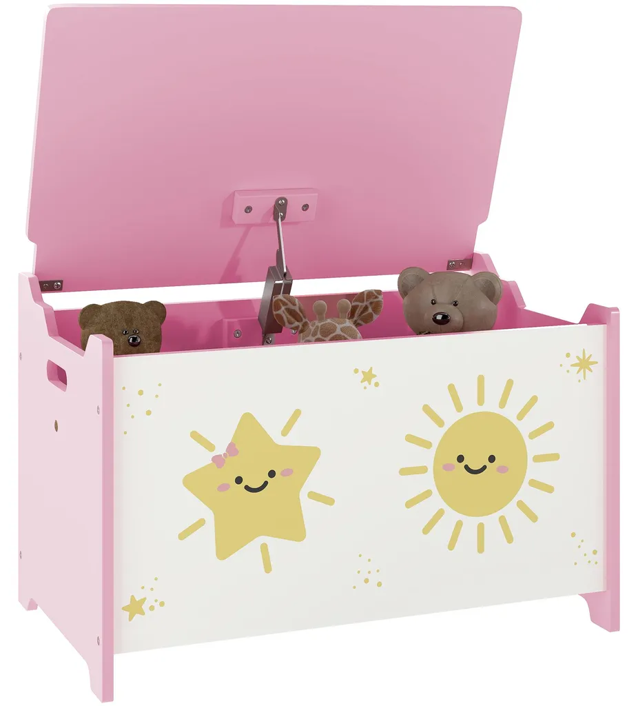 Coffre de rangement sécurisé pour jouets rose avec charnières à frein