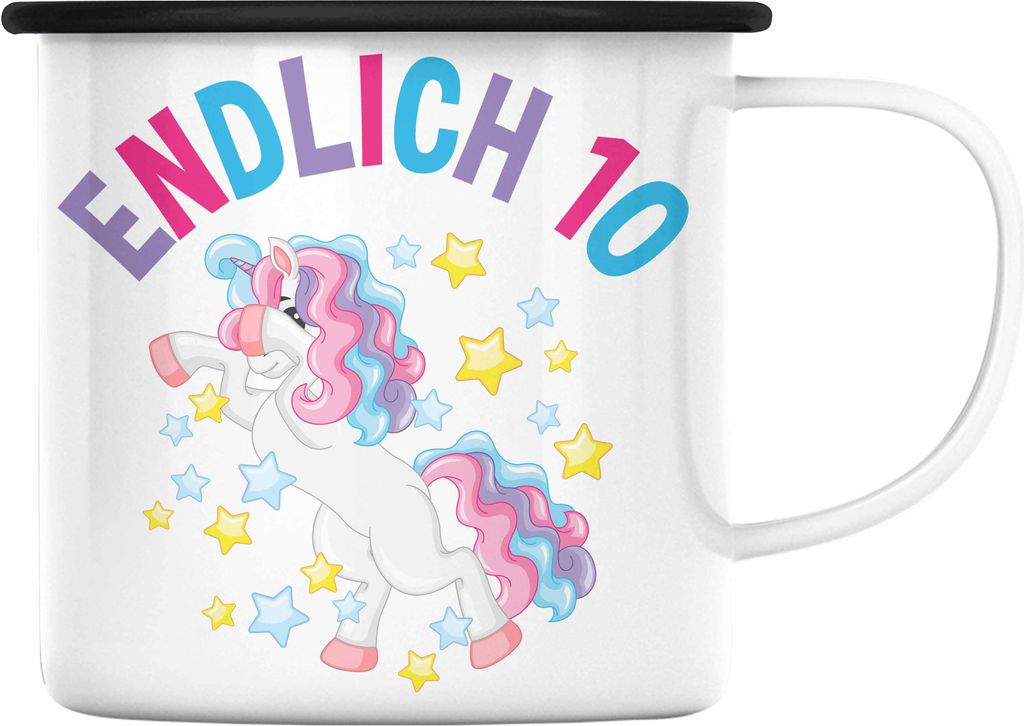Trendation - 10. Geburtstag Emaille Tasse Geschenk Mädchen Tochter Einhorn Pferde 10 Jahre Alt Geburtstagsgeschenk Idee (Schwarz)