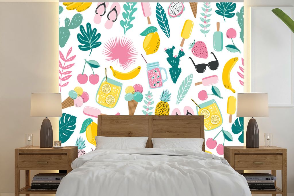 MuchoWow Fototapete für Wohnzimmer oder Schlafzimmer Wandtapete Vinyl Motivtapete Sommer - Elemente - Muster - 350x350 cm - Schlafzimmertapete