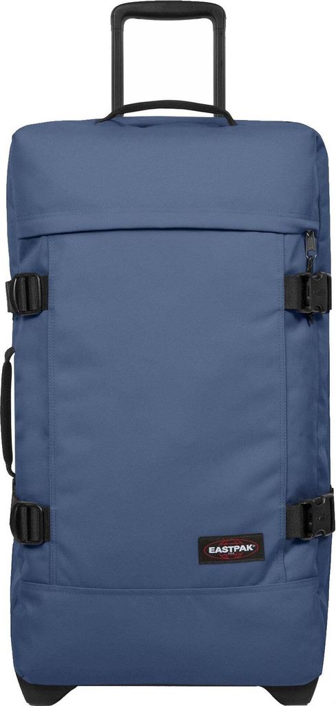 A blue Eastpak rolling suitcase is shown against a white background.