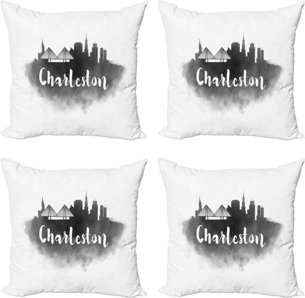 ABAKUHAUS Charleston Kissenbezug Set (4 Stück), Smoky Stil Stadt-Skyline, Moderner Doppelseitiger Digitaldruck, 45 cm x 45 cm, Charcoal Grau Weiß