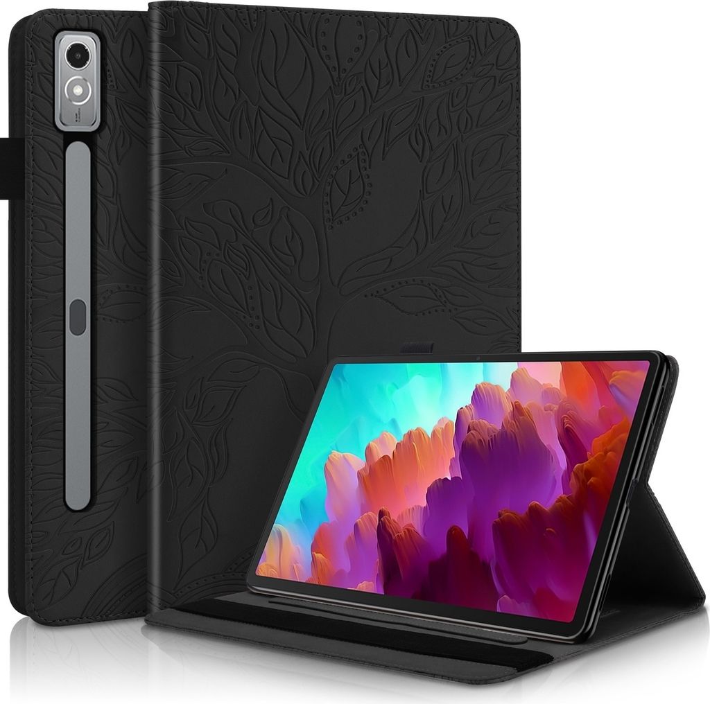 Für Lenovo Tab P12 12.7 Zoll Baum Muster Kunstleder Schutz Hülle Cover Tasche Case Schwarz