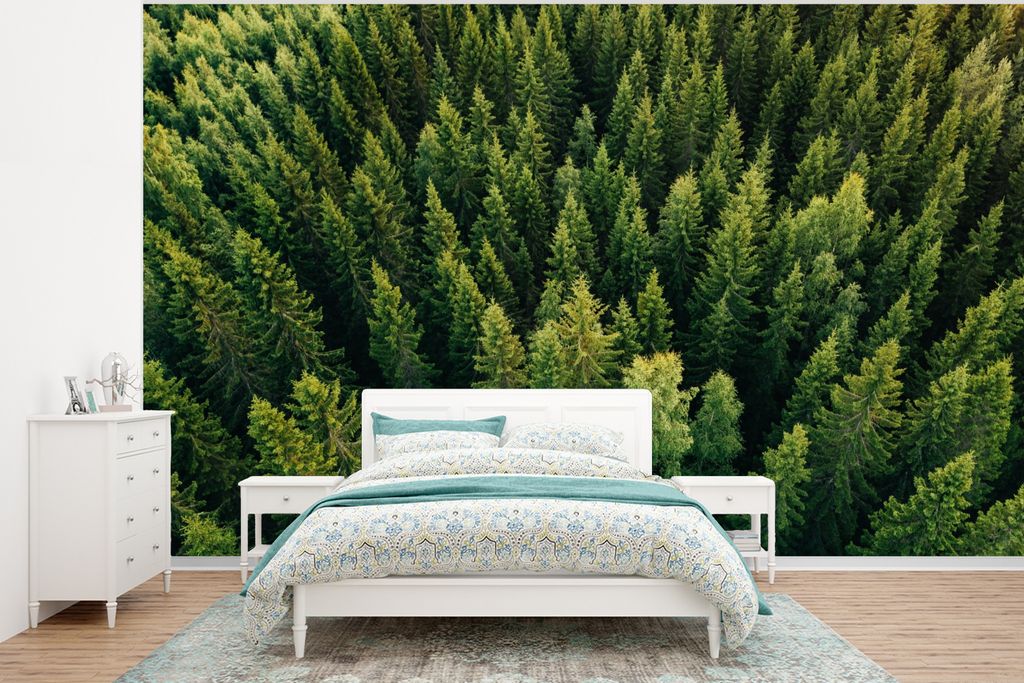 MuchoWow Fototapete für Wohnzimmer oder Schlafzimmer Wandtapete Vinyl Motivtapete Wald - Baum - Grün - 375x280 cm - Schlafzimmer tapete