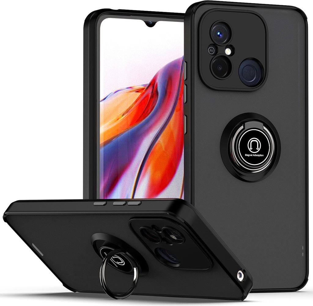 Redmi 12C Hülle, Ring Halter Ständer Matte Transluzent TPU Rahmen Stoßfest Schutzhülle für Xiaomi Redmi 12C Schwarz