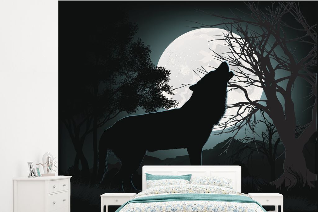 MuchoWow Fototapete für Wohnzimmer oder Schlafzimmer Wandtapete Vinyl Motivtapete Wolf - Scherenschnitt - Mond - 245x220 cm - Gemustert