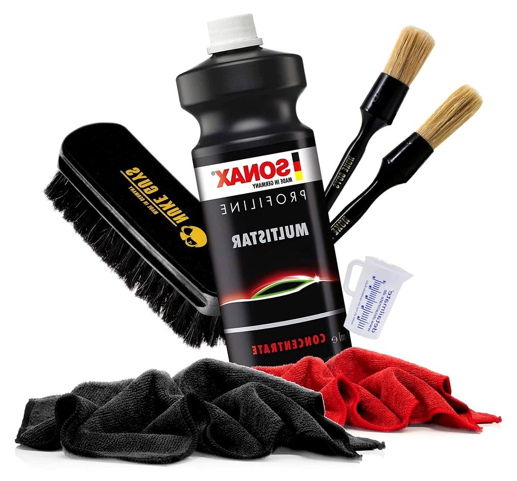 Allzweckreiniger Set: SONAX ProfiLine MultiStar 1L + Nuke Guys Reinigungspinsel klein und groß + Textilbürste + 2x Premium Mikrofasertuch 320GSM ...